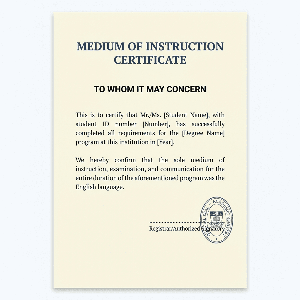 Sample Medium of Instruction (MOI) Certificate for UK Universities